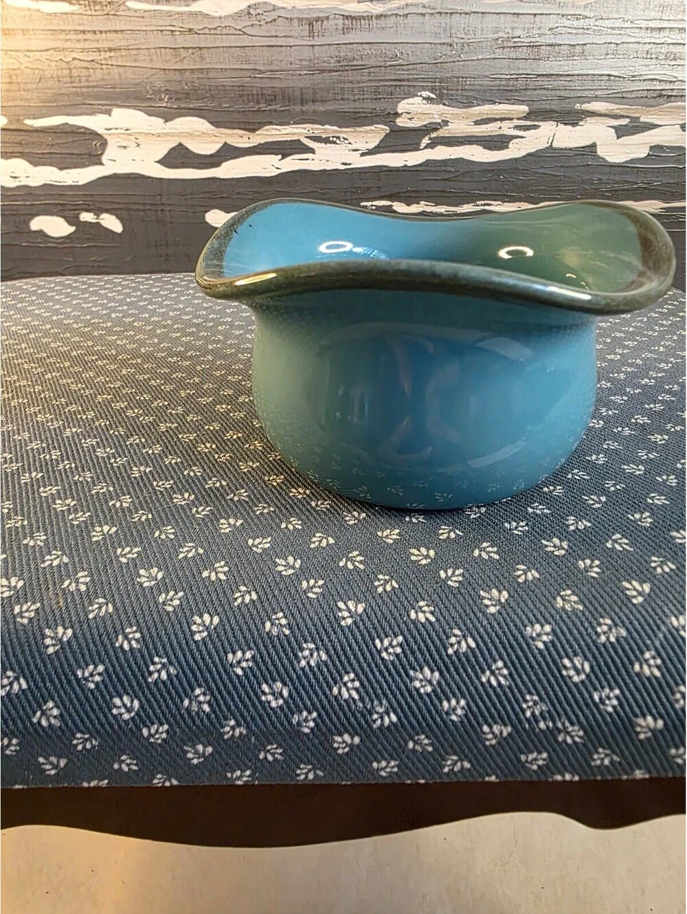 Home Essentials Turquoise Blue Ceramic Mini Bowl Wavy Brown Rim 4.25”